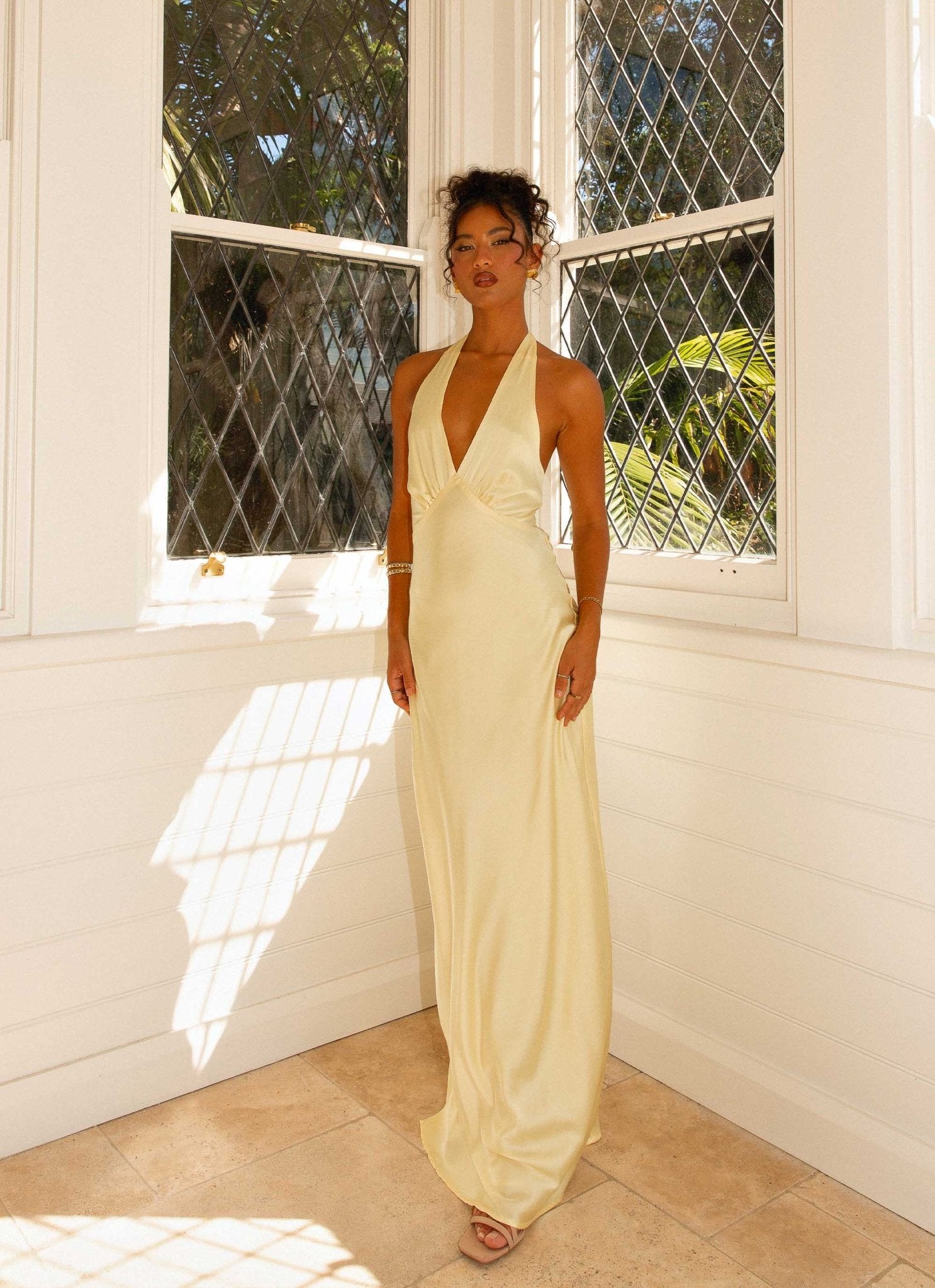 Heavy Hearted Satin Maxi Dress - Lemon - Cinderella