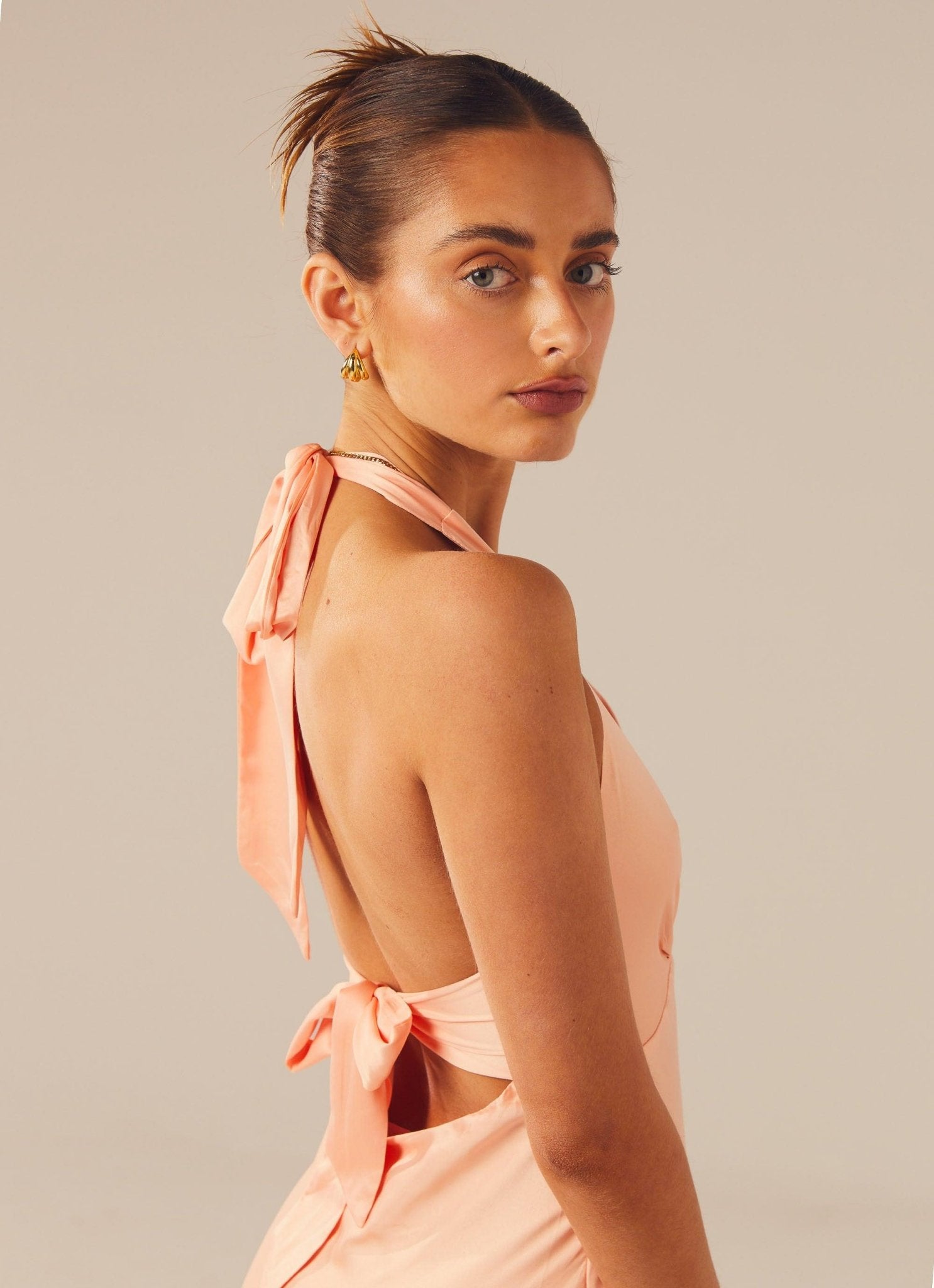 Heavy Hearted Satin Maxi Dress - Peach - Cinderella