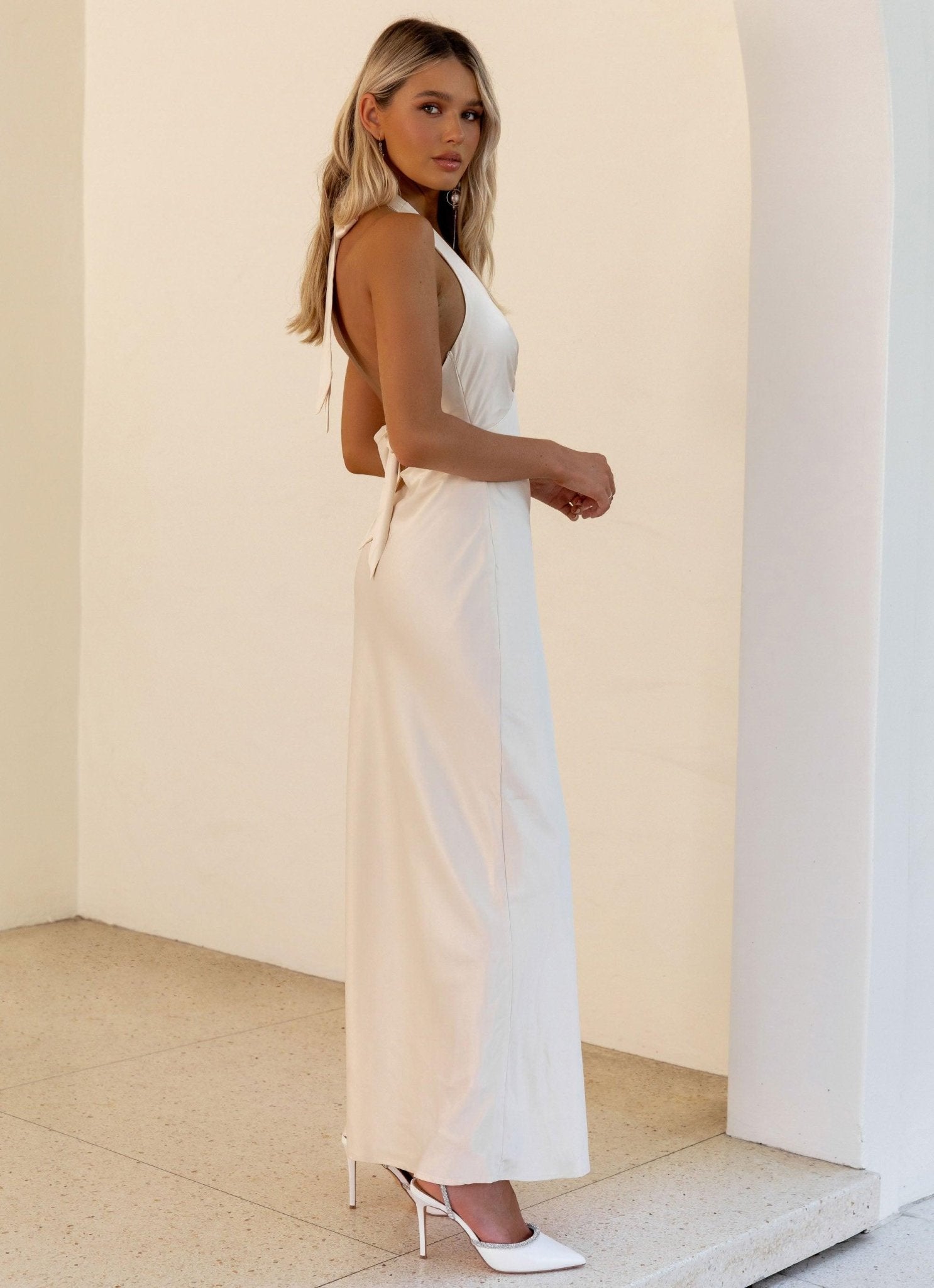 Heavy Hearted Satin Maxi Dress - Pearl - Cinderella