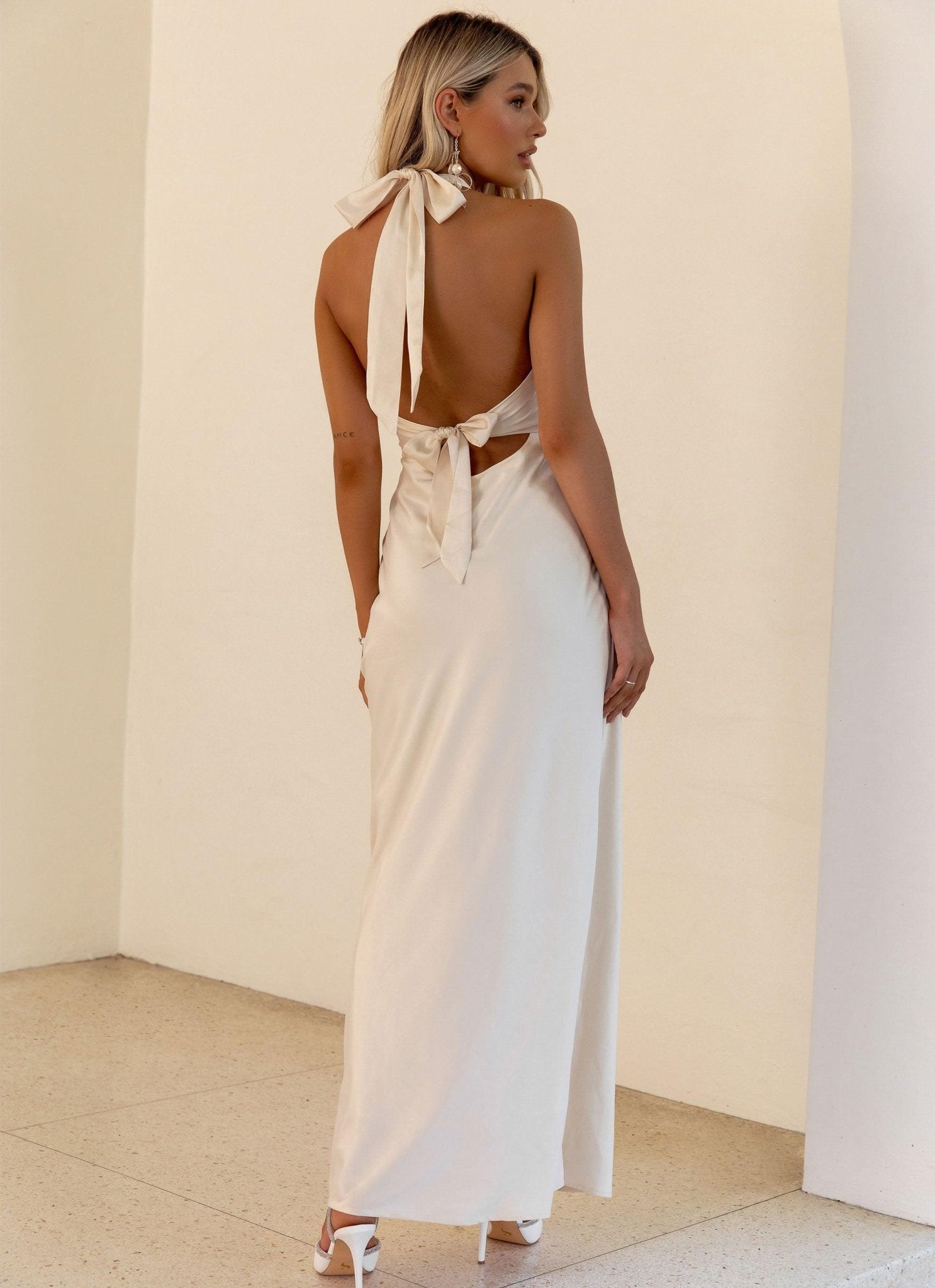 Heavy Hearted Satin Maxi Dress - Pearl - Cinderella
