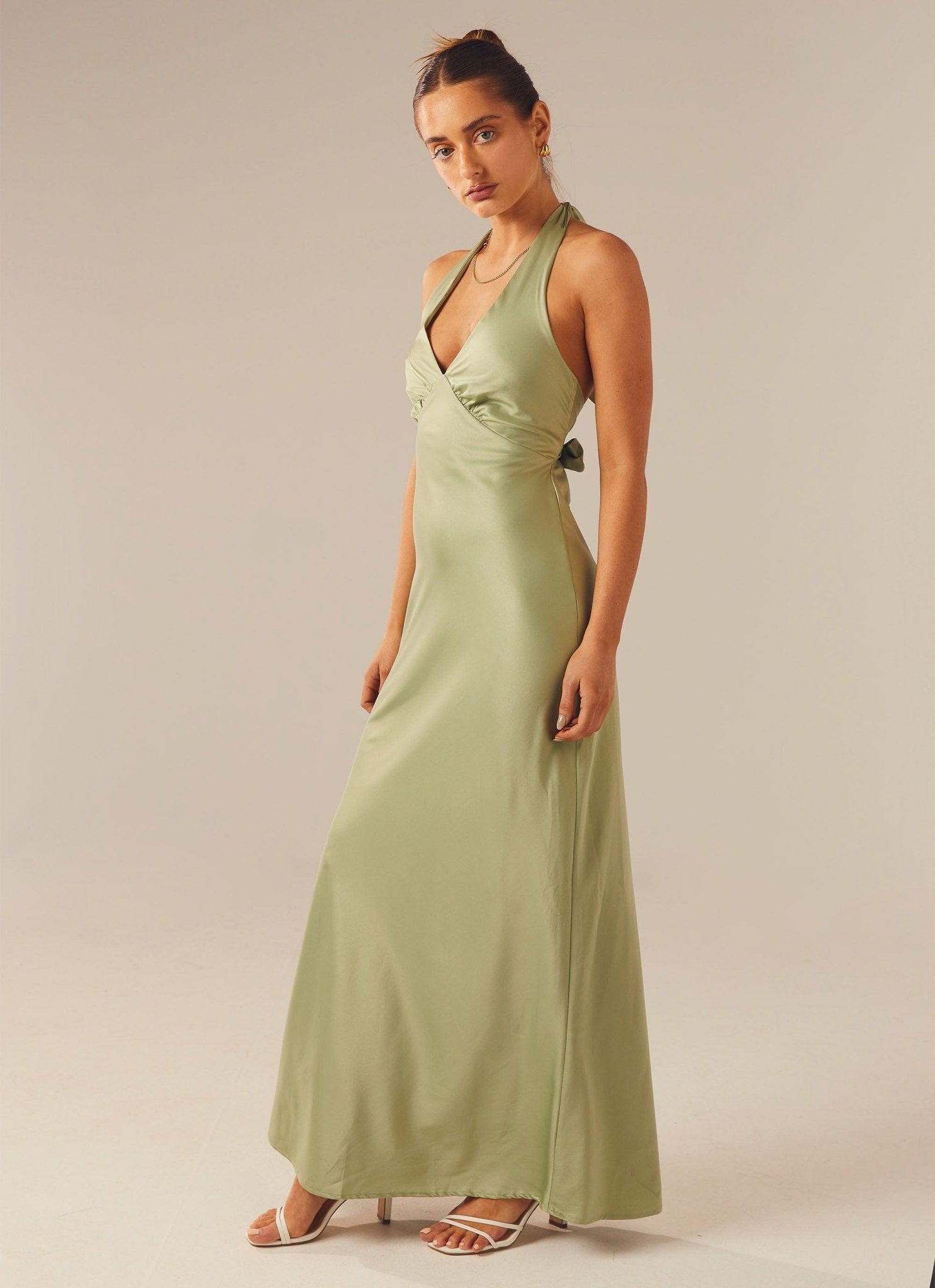 Heavy Hearted Satin Maxi Dress - Sage - Cinderella