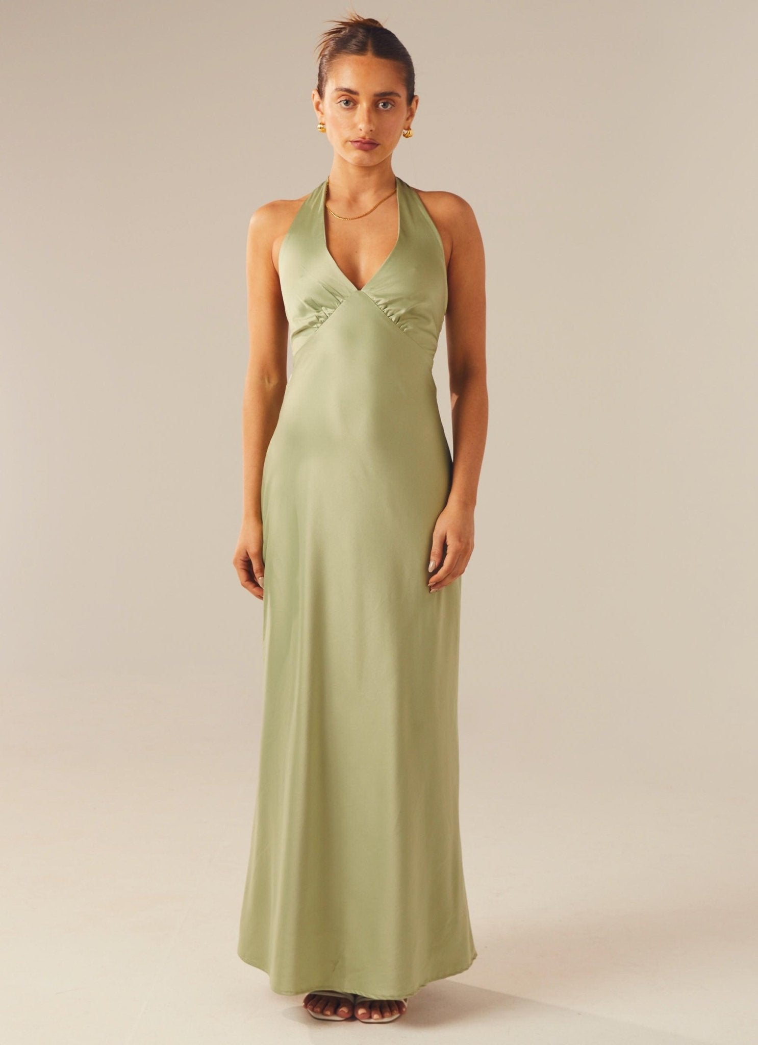 Heavy Hearted Satin Maxi Dress - Sage - Cinderella