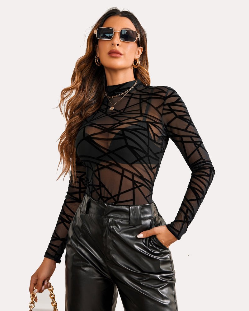 Leopard Sheer Long Sleeve Mock Neck Mesh Crop Top - Cinderella