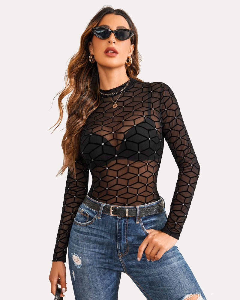 Leopard Sheer Long Sleeve Mock Neck Mesh Crop Top - Cinderella