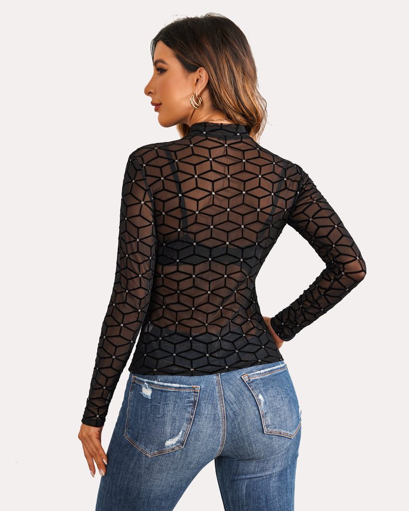 Leopard Sheer Long Sleeve Mock Neck Mesh Crop Top - Cinderella