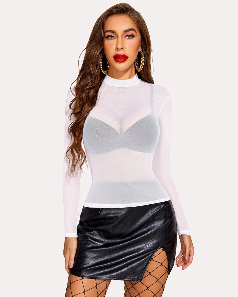 Leopard Sheer Long Sleeve Mock Neck Mesh Crop Top - Cinderella