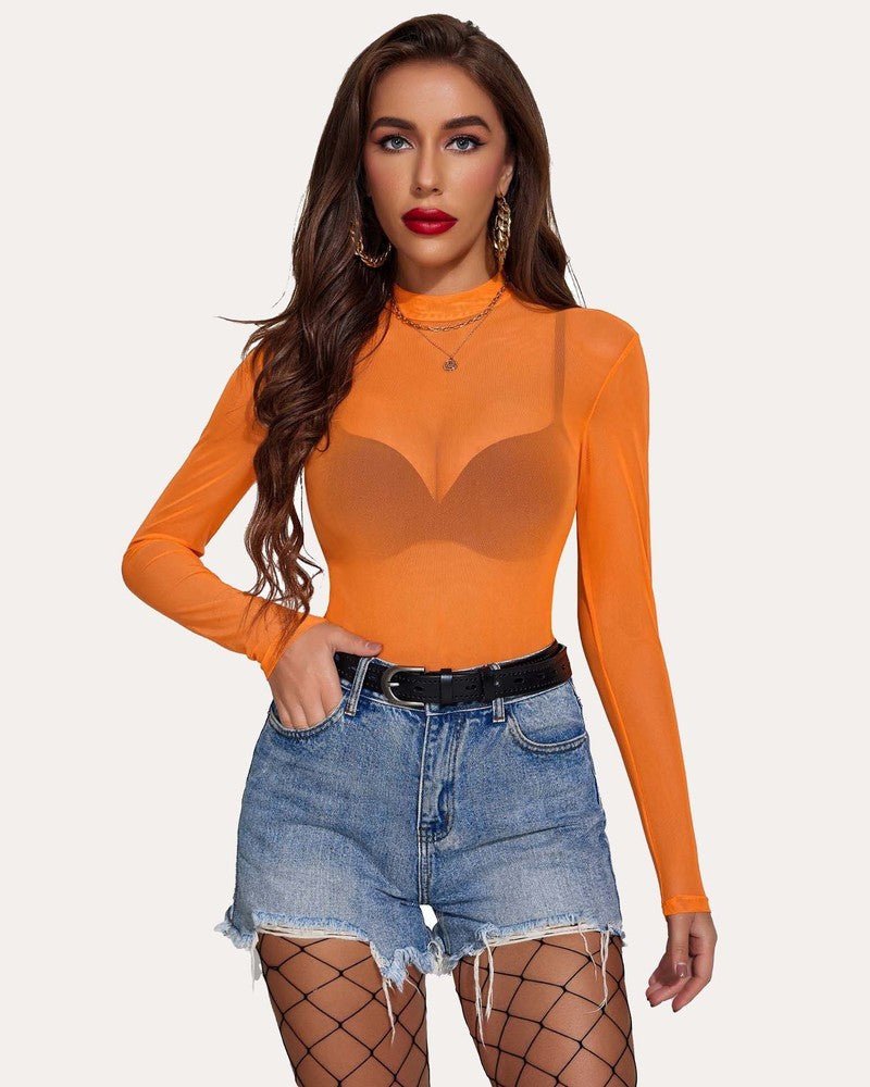 Leopard Sheer Long Sleeve Mock Neck Mesh Crop Top - Cinderella
