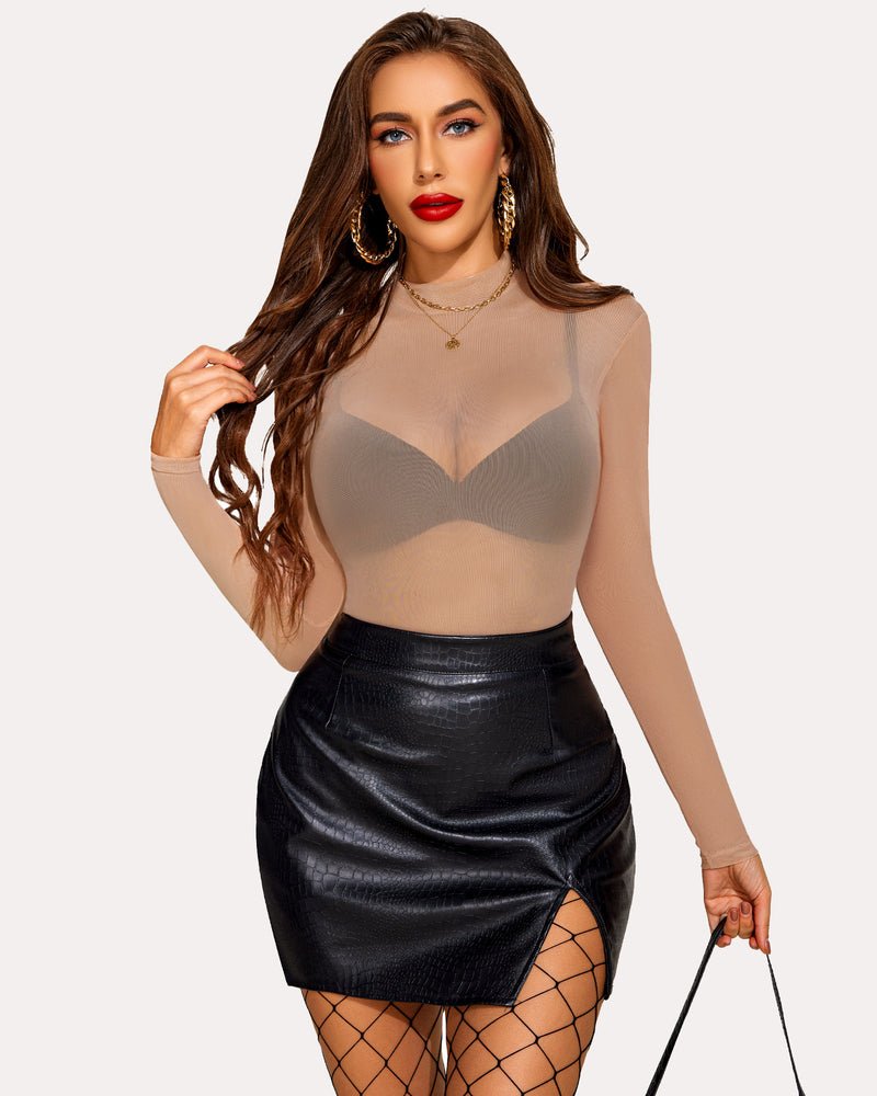 Leopard Sheer Long Sleeve Mock Neck Mesh Crop Top - Cinderella