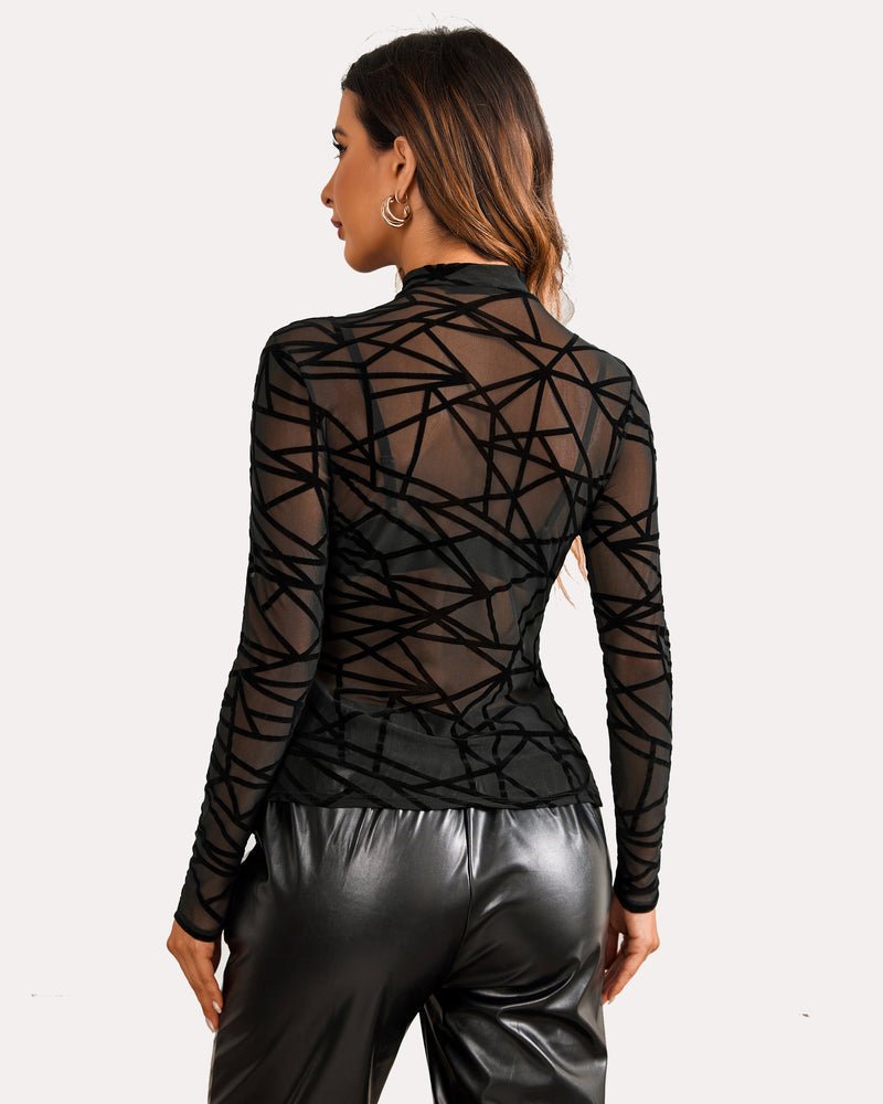 Leopard Sheer Long Sleeve Mock Neck Mesh Crop Top - Cinderella