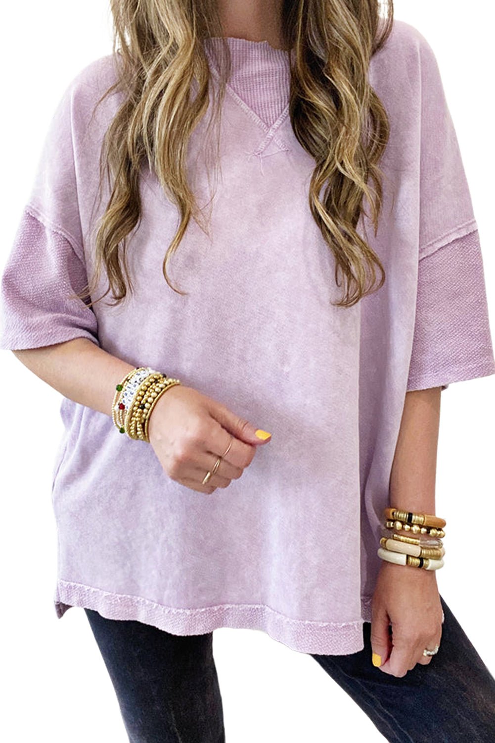 Orchid Petal Mineral Wash Exposed Seam Drop Shoulder Oversized Tee - Cinderella