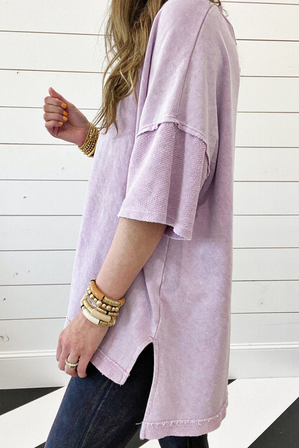 Orchid Petal Mineral Wash Exposed Seam Drop Shoulder Oversized Tee - Cinderella