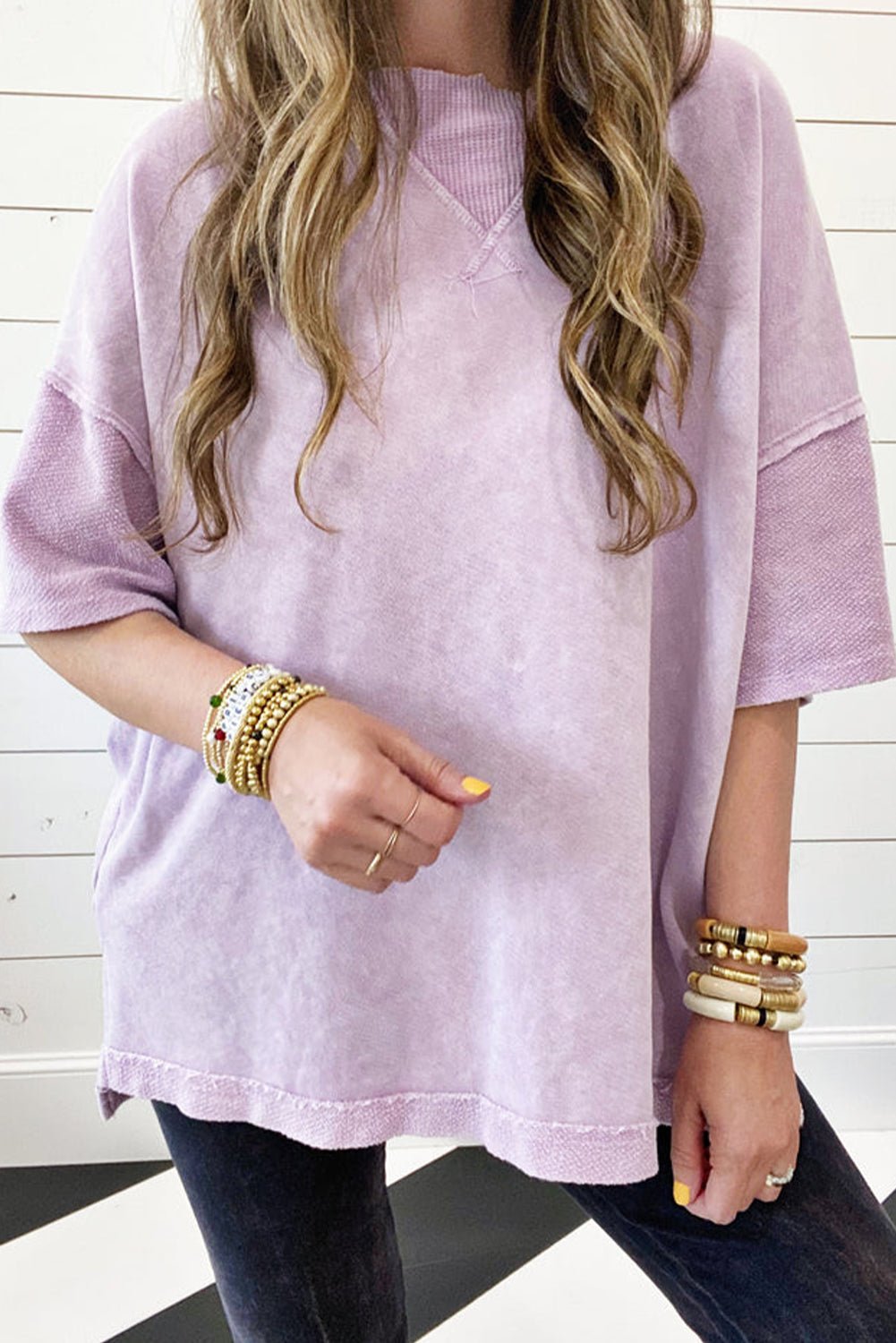 Orchid Petal Mineral Wash Exposed Seam Drop Shoulder Oversized Tee - Cinderella