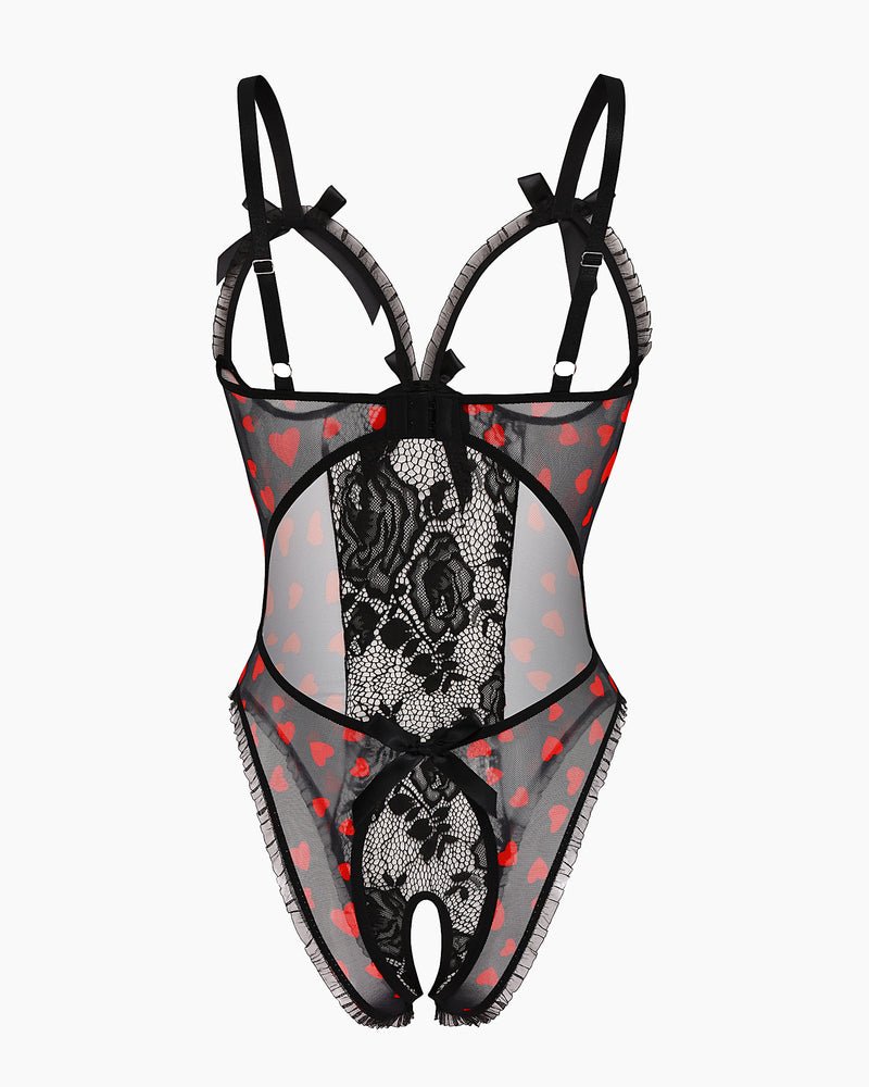 Red Heart Print Lace One Piece Mini Bodysuit - Cinderella