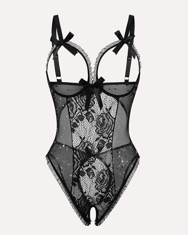 Red Heart Print Lace One Piece Mini Bodysuit - Cinderella