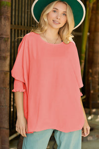 White Plain & Casual Shirred Cuffs Half Sleeve Top