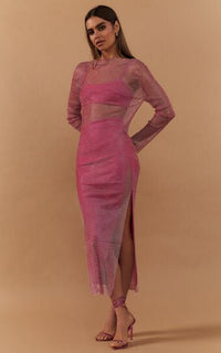 Anika Midi Dress - Mesh Long Sleeve in Pink - Cinderella