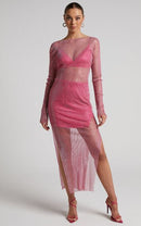 Anika Midi Dress - Mesh Long Sleeve in Pink - Cinderella