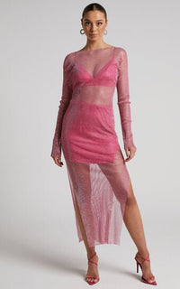 Anika Midi Dress - Mesh Long Sleeve in Pink - Cinderella