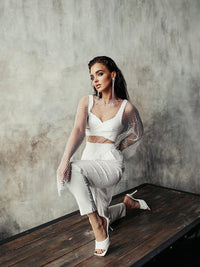 Anika Midi Dress - Mesh Long Sleeve in White - Cinderella