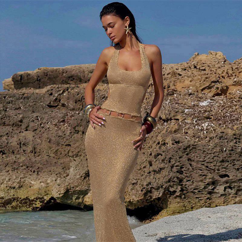 Golden Tide Halter Cut-Out Dress