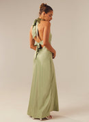 Heavy Hearted Satin Maxi Dress - Sage - Cinderella