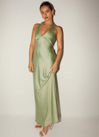 Heavy Hearted Satin Maxi Dress - Sage - Cinderella