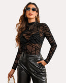 Leopard Sheer Long Sleeve Mock Neck Mesh Crop Top - Cinderella