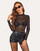 Leopard Sheer Long Sleeve Mock Neck Mesh Crop Top - Cinderella
