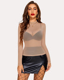 Leopard Sheer Long Sleeve Mock Neck Mesh Crop Top - Cinderella