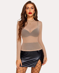 Leopard Sheer Long Sleeve Mock Neck Mesh Crop Top - Cinderella