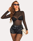 Leopard Sheer Long Sleeve Mock Neck Mesh Crop Top - Cinderella