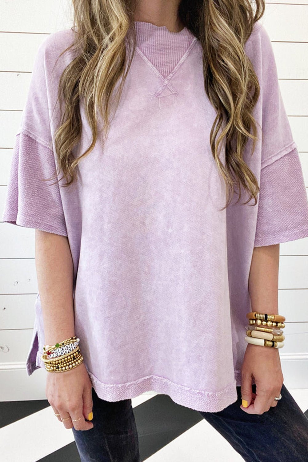 Orchid Petal Mineral Wash Exposed Seam Drop Shoulder Oversized Tee - Cinderella