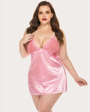 Plus Size V Neck Lace Satin Sleepwear - Cinderella