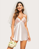 Plus Size V Neck Lace Satin Sleepwear - Cinderella