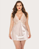 Plus Size V Neck Lace Satin Sleepwear - Cinderella
