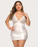 Plus Size V Neck Lace Satin Sleepwear - Cinderella