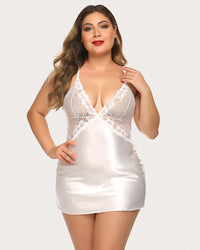 Plus Size V Neck Lace Satin Sleepwear - Cinderella