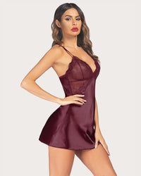 Plus Size V Neck Lace Satin Sleepwear - Cinderella