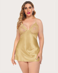 Plus Size V Neck Lace Satin Sleepwear - Cinderella