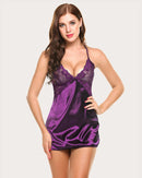 Plus Size V Neck Lace Satin Sleepwear - Cinderella